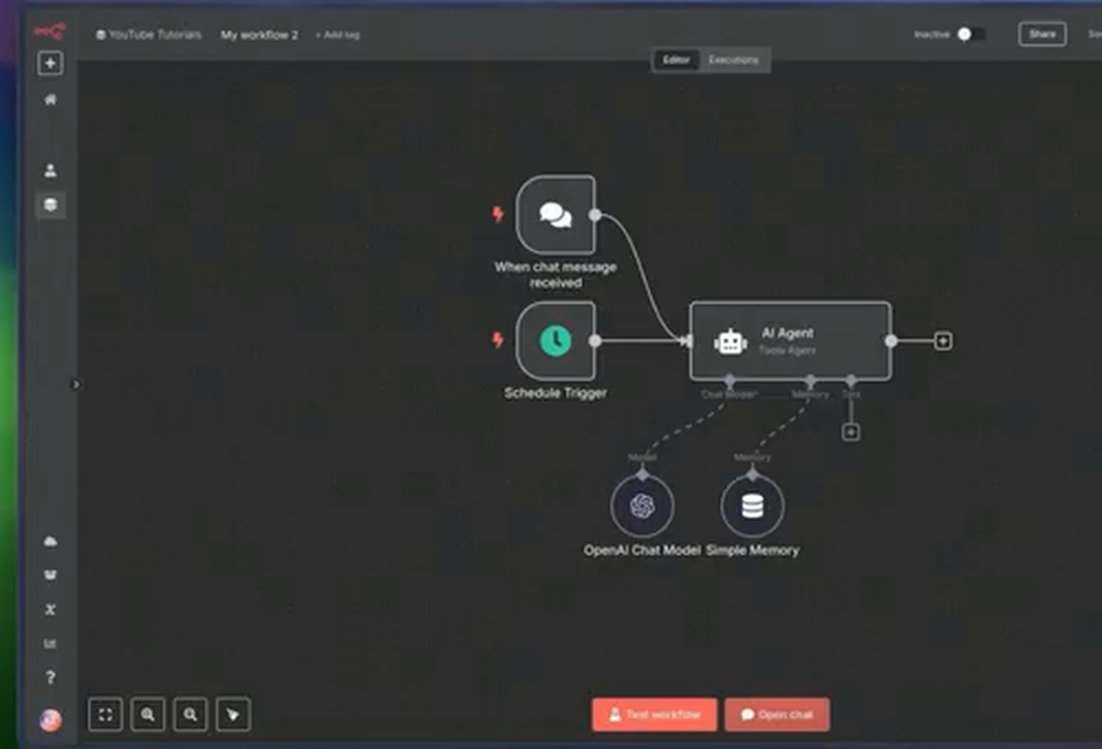 An AI agent workflow connecting triggers, a model, memory, and execution steps